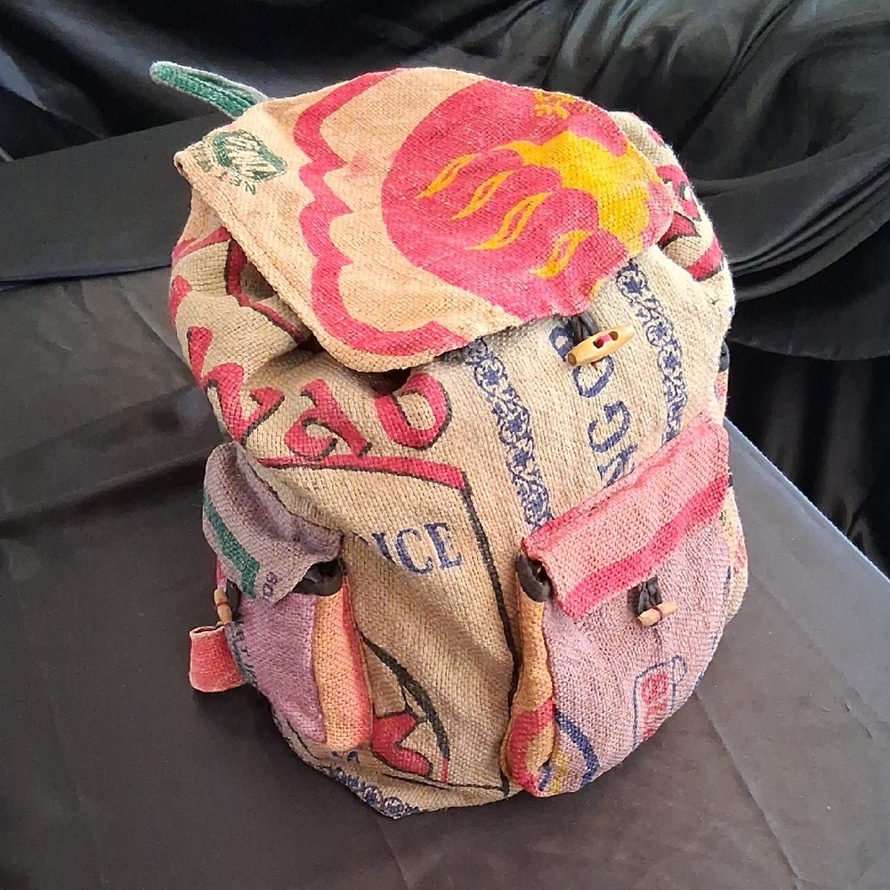 Colorful Large Upcycled Jute Backpack - Red, Green, Blue Colors